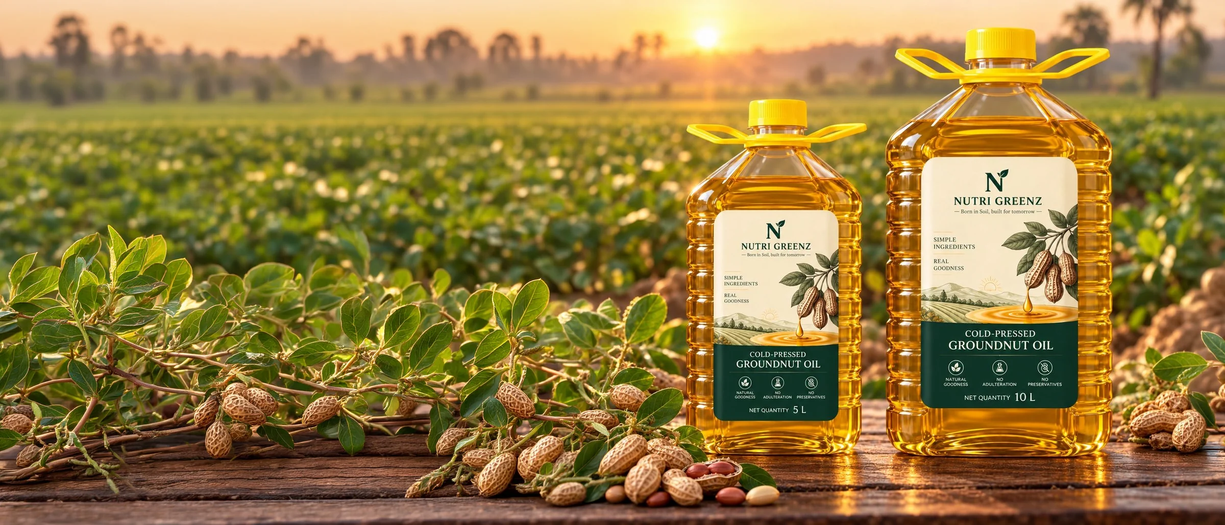 Nutri Greenz cold-pressed groundnut oil in 5 L and 10 L cans on a wooden table at a groundnut farm at sunrise