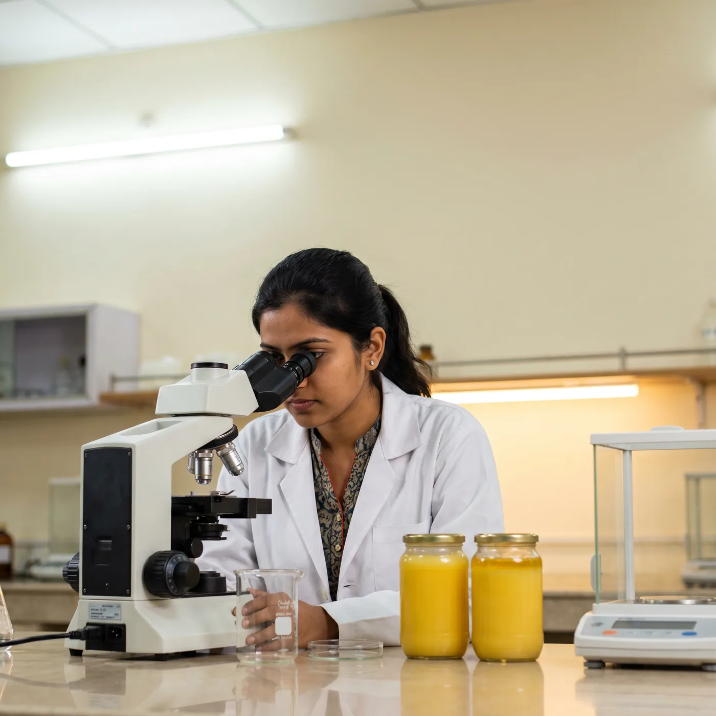 An analyst examining a ghee sample under a microscope beside sealed jars