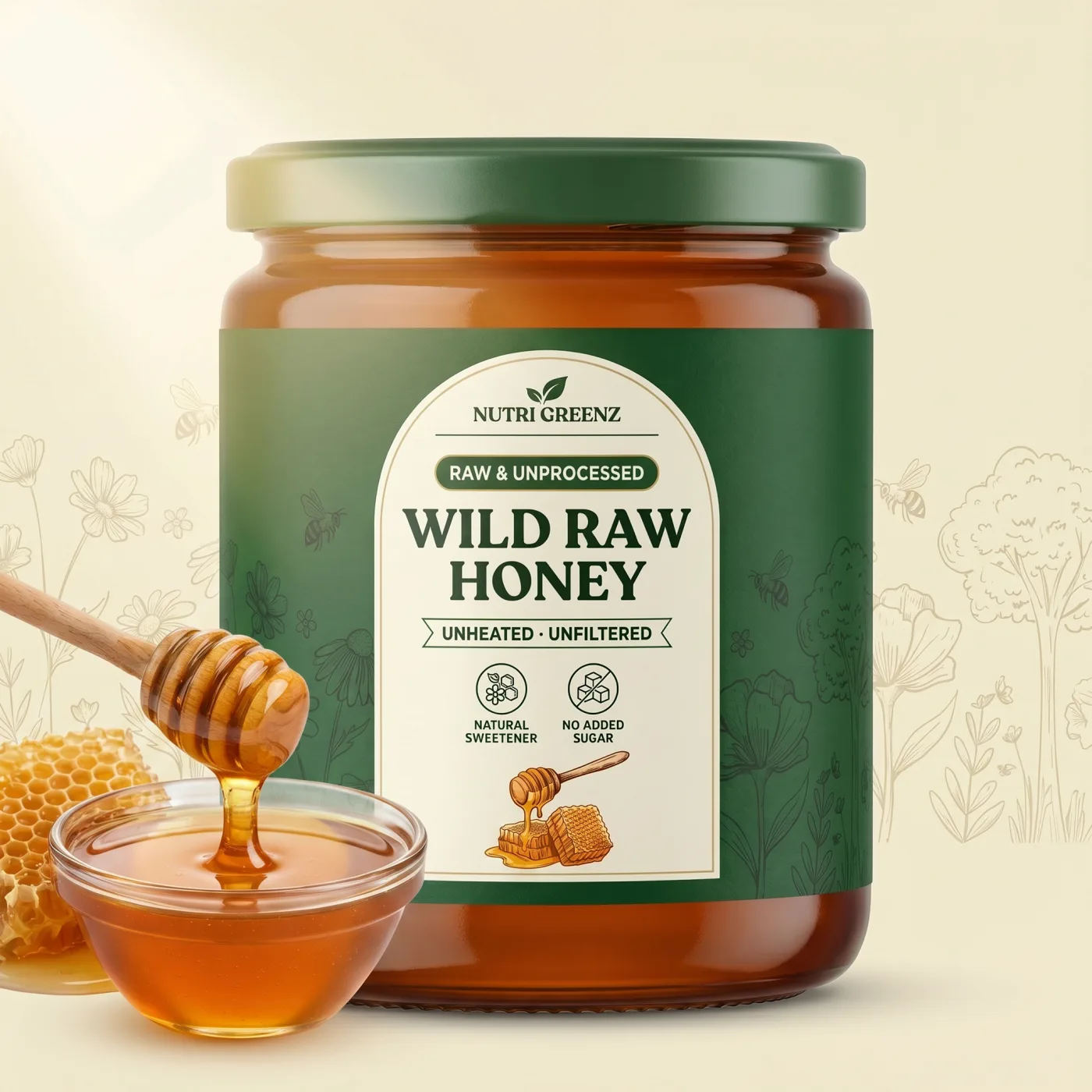 Raw honey jar with a dipper