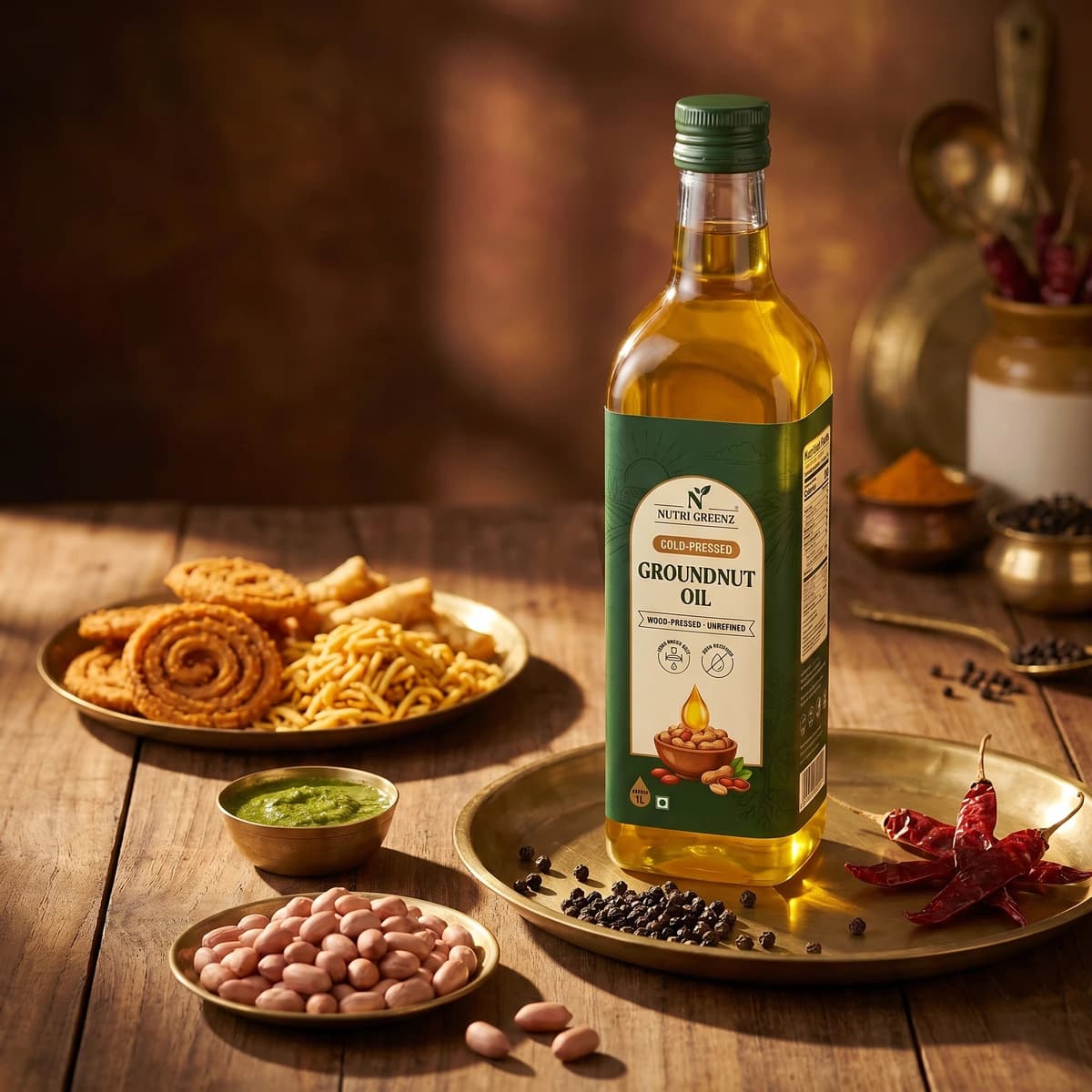 A bottle of cold-pressed groundnut oil beside raw groundnuts and whole spices